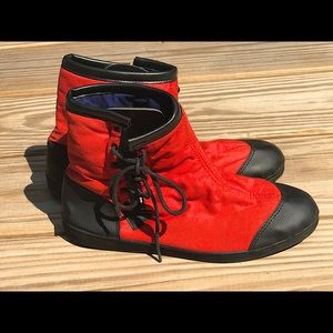 Red quilted French booties with black side laces